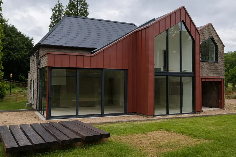 Red zinc standing seam extension with full-height glazing beside a stone house