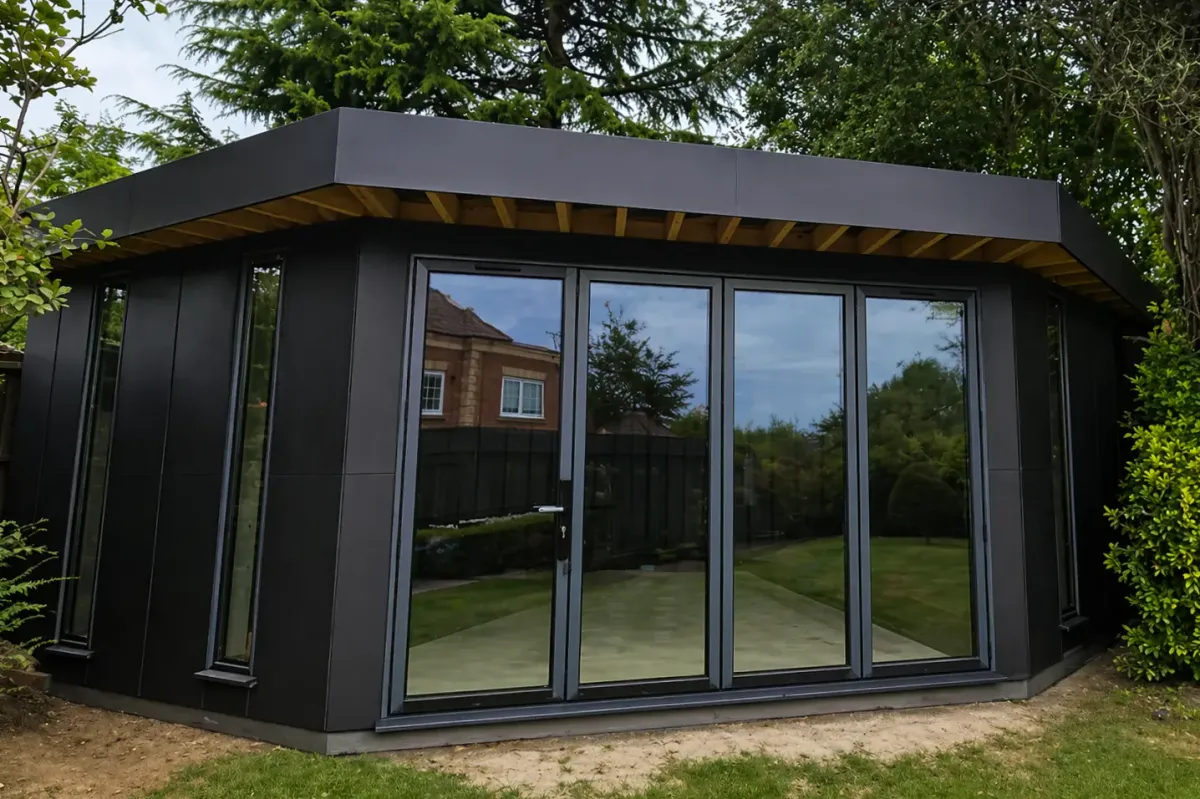 Dark zinc garden room with glazed doors and a wide overhanging roof