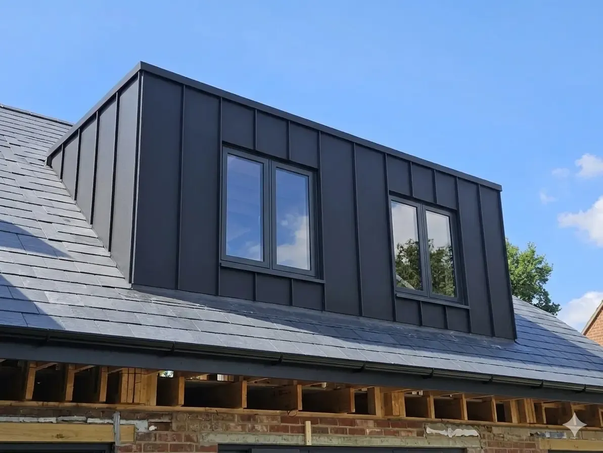 Dark aluminium dormer cladding with two vertical windows above a slate roof