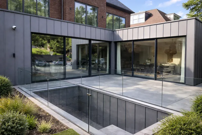 Dark steel-clad rear extension with large glazed corners and terrace