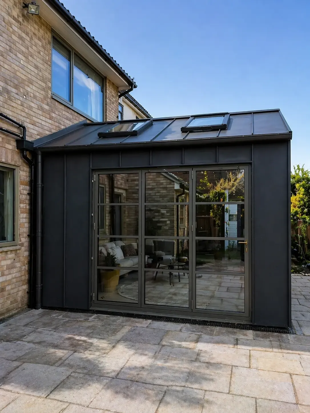 Dark zinc-framed rear extension with full-height glazing and patio