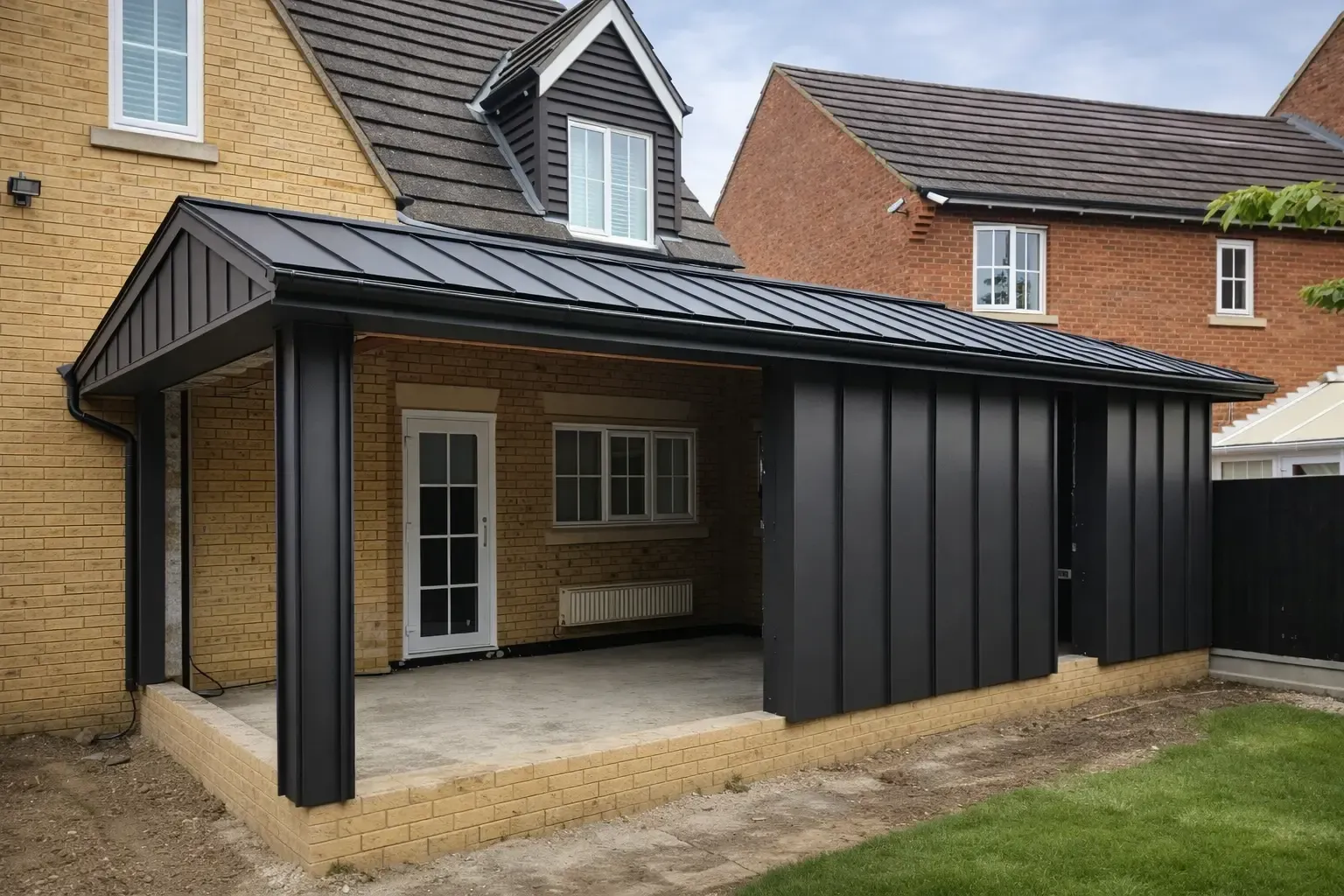 Dark zinc canopy extension with standing seam cladding and covered terrace